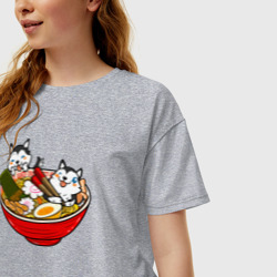 Женская футболка хлопок Oversize Хаски кушают лапшу - фото 2