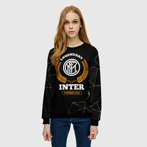 Женский свитшот 3D с принтом Лого Inter и надпись Legendary Football Club на темном фоне, фото на моделе #1