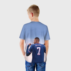 Футболка с принтом Футболист Килиан Мбаппе для ребенка, вид на модели сзади №2. Цвет основы: белый