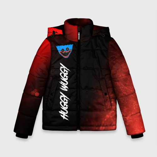 Зимняя куртка для мальчиков 3D Надпись и лицо Huggy Wuggy на темном фоне с огнем, цвет черный