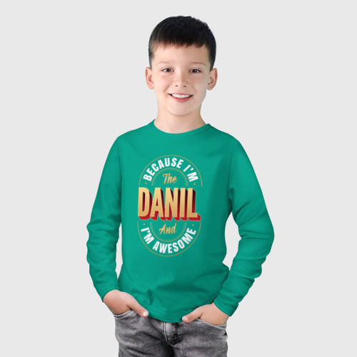 Детский лонгслив хлопок с принтом Because I'm The Danil And I'm Awesome, фото на моделе #1