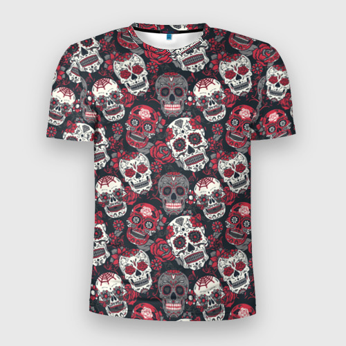 Мужская приталенная футболка с принтом День мертвых Черепа Мексика, вид спереди №1