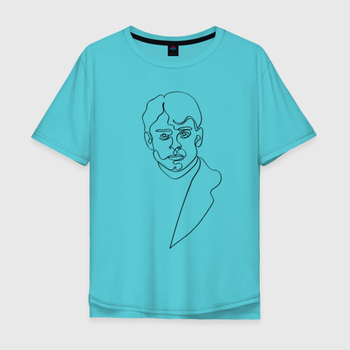 Мужская футболка хлопок Oversize Есенин, портрет одной линией, цвет бирюзовый