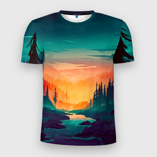 Мужская футболка 3D Slim с принтом Лес на закате (природа), вид спереди #2