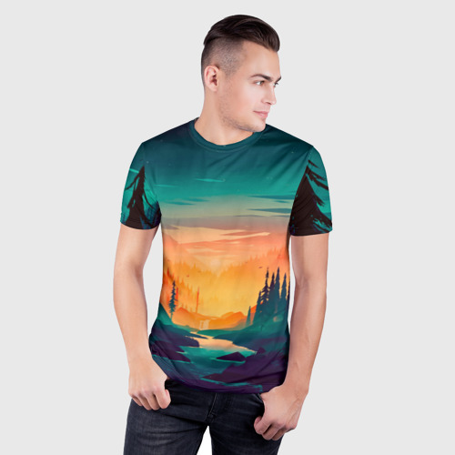 Мужская футболка 3D Slim с принтом Лес на закате (природа), фото на моделе #1