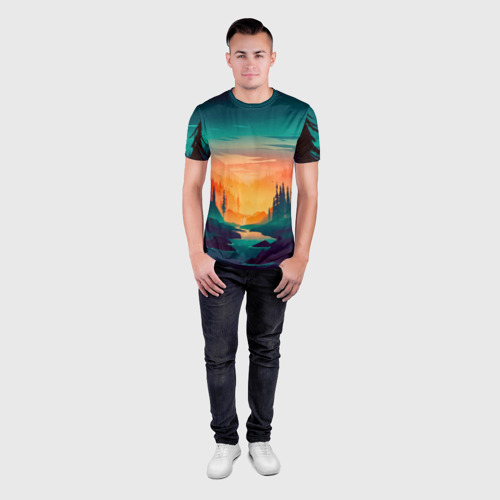 Мужская футболка 3D Slim с принтом Лес на закате (природа), вид сбоку #3