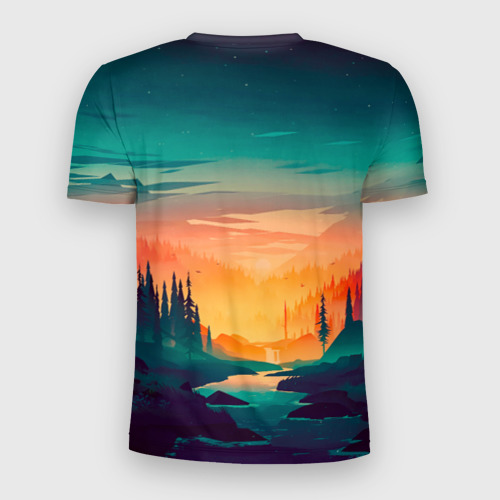 Мужская футболка 3D Slim с принтом Лес на закате (природа), вид сзади #1