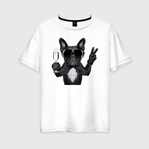 Женская футболка из хлопка оверсайз с принтом Собака с фужером, вид спереди №1