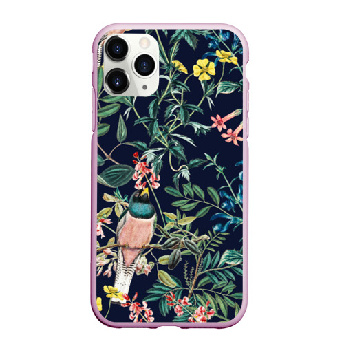 Чехол для iPhone 11 Pro Max матовый Цветы и Розовые Птицы В Саду, цвет розовый