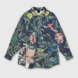 Женская рубашка oversize 3D Цветы и Розовые Птицы В Саду