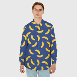 Мужская рубашка oversize 3D Banana style Банана стайл, веселый банановый паттерн на синем фоне - фото 2