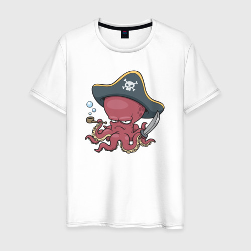 Мужская футболка из хлопка с принтом Пират осьминог, вид спереди №1