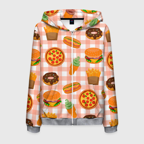 Мужская толстовка 3D на молнии Pizza donut burger fries ice cream pattern, цвет меланж