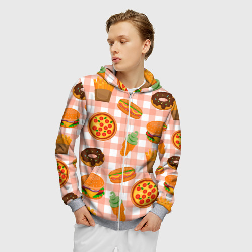 Мужская толстовка 3D на молнии Pizza donut burger fries ice cream pattern, цвет меланж - фото 3