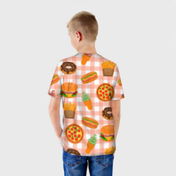 Футболка с принтом Pizza donut burger fries ice cream pattern для ребенка, вид на модели сзади №2. Цвет основы: белый