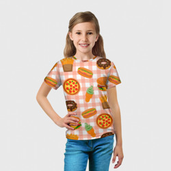 Футболка с принтом Pizza donut burger fries ice cream pattern для ребенка, вид на модели спереди №3. Цвет основы: белый