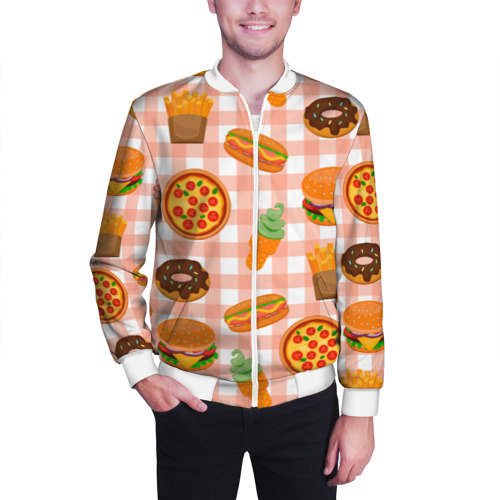 Мужской бомбер 3D Pizza donut burger fries ice cream pattern, цвет белый - фото 3