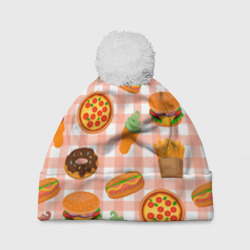 Шапка 3D c помпоном Pizza donut burger fries ice cream pattern