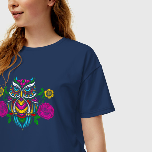 Женская футболка хлопок Oversize Красочная цветочная сова, цвет темно-синий - фото 3