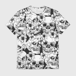 Мужская футболка 3D Чёрно белые черепа и маки