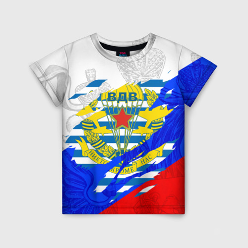 Детская футболка 3D с принтом РОССИЙСКИЙ ТРИКОЛОР - ФОРМА ВДВ РАЗРЫВ, вид спереди #2