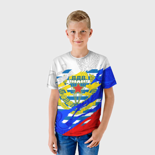 Детская футболка 3D с принтом РОССИЙСКИЙ ТРИКОЛОР - ФОРМА ВДВ РАЗРЫВ, фото на моделе #1