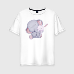 Женская футболка хлопок Oversize Милый Слонёнок и Крольчонок Обнимаются
