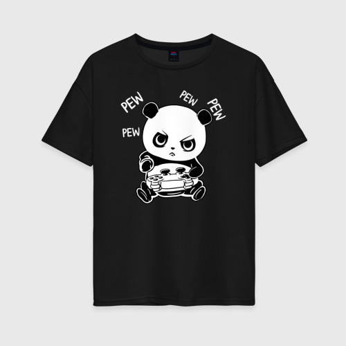 Женская футболка хлопок Oversize Панда геймер, цвет черный