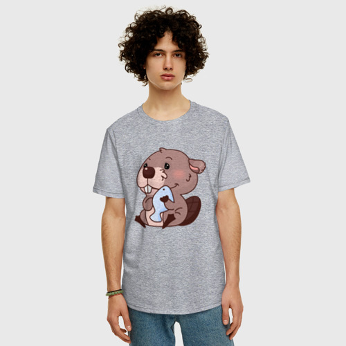 Мужская футболка хлопок Oversize Бобер с рыбкой, цвет меланж - фото 3