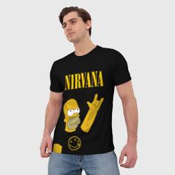 Футболка с принтом Nirvana гомер Симпсон, Simpsons для мужчины, вид на модели спереди №2. Цвет основы: белый