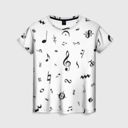 Женская футболка 3D Нотные Знаки Черные на Белом