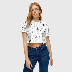 Женская футболка Crop-top 3D Нотные Знаки Черные на Белом - фото 2