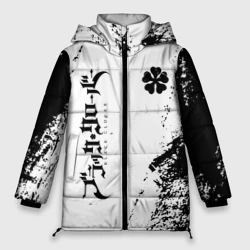 Женская зимняя куртка Oversize Black clover чёрный клевер вертикальная надпись