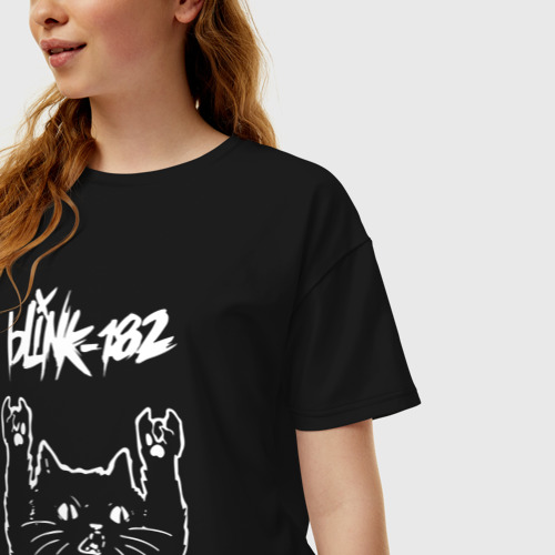 Женская футболка хлопок Oversize Blink 182 Рок кот, цвет черный - фото 3