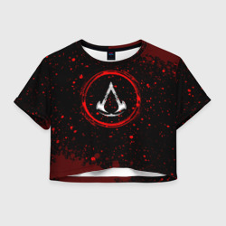 Женская футболка Crop-top 3D Символ Assassin's Creed и краска вокруг на темном фоне