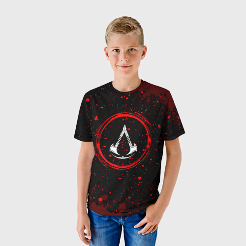 Детская футболка 3D Символ Assassin's Creed и краска вокруг на темном фоне, цвет 3D печать - фото 3