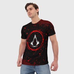 Мужская футболка 3D Символ Assassin's Creed и краска вокруг на темном фоне - фото 2