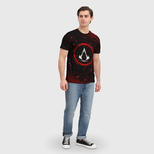 Мужская футболка 3D Символ Assassin's Creed и краска вокруг на темном фоне, цвет 3D печать - фото 5