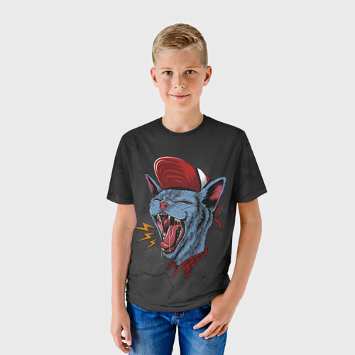 Детская футболка 3D с принтом Стильный котейкин в красной кепке, фото на моделе #1