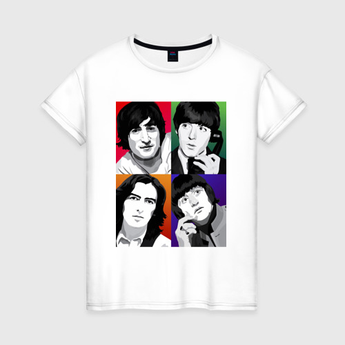 Женская футболка хлопок с принтом The Beatles Портреты арт, вид спереди #2