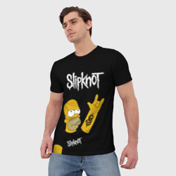 Футболка с принтом Slipknot Гомер Рокер, Simpsons для мужчины, вид на модели спереди №2. Цвет основы: белый