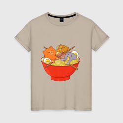 Женская футболка хлопок Three cats eating noodles