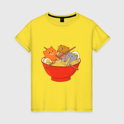 Женская футболка хлопок Three cats eating noodles