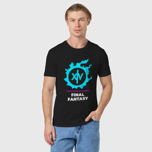 Мужская футболка хлопок Символ Final Fantasy в неоновых цветах, цвет черный - фото 3