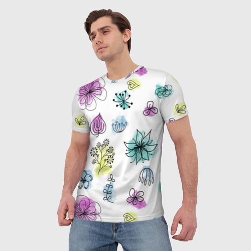 Мужская футболка 3D Абстрактные цветы на акварельном фоне, цвет 3D печать - фото 3