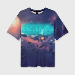 Женская футболка oversize 3D Stellaris космический корабль на фоне астероидов