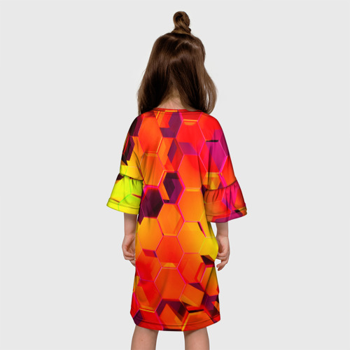 Детское платье 3D с принтом НЕОНОВЫЕ ГРАДИЕНТНЫЕ 3D гексаэдры, вид сзади #2
