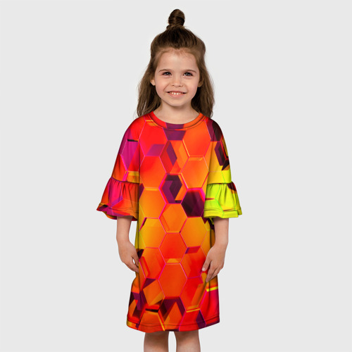 Детское платье 3D с принтом НЕОНОВЫЕ ГРАДИЕНТНЫЕ 3D гексаэдры, вид сбоку #3