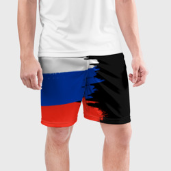 Мужские шорты спортивные Российский триколор на темном фоне - фото 2