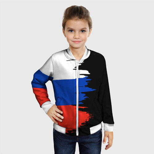 Детский бомбер 3D Российский триколор на темном фоне, цвет белый - фото 3